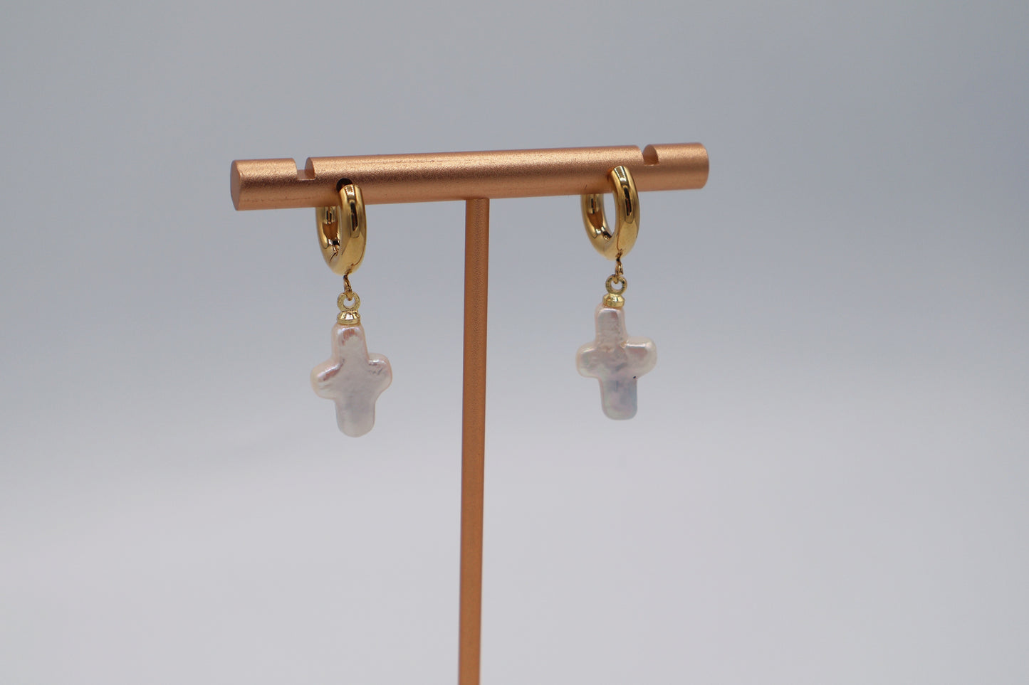 Imelda Freshwater Pearl Cross Earrings on 14K Gold Studs