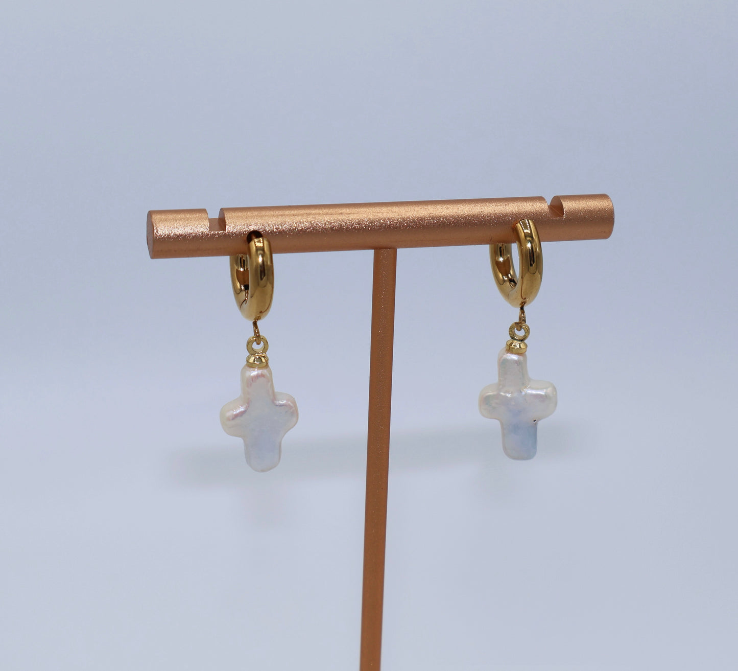 Imelda Freshwater Pearl Cross Earrings on 14K Gold Studs