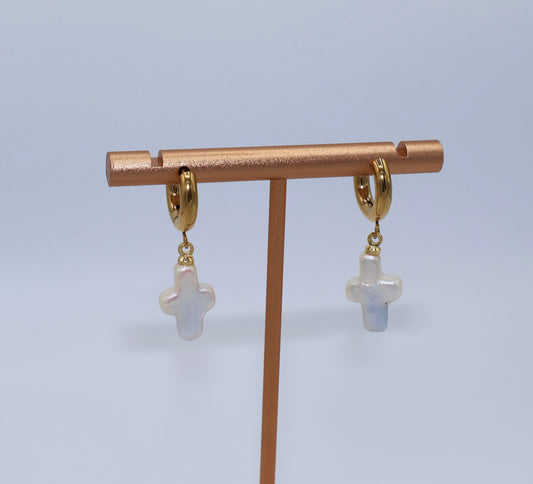 Imelda Freshwater Pearl Cross Earrings on 14K Gold Studs
