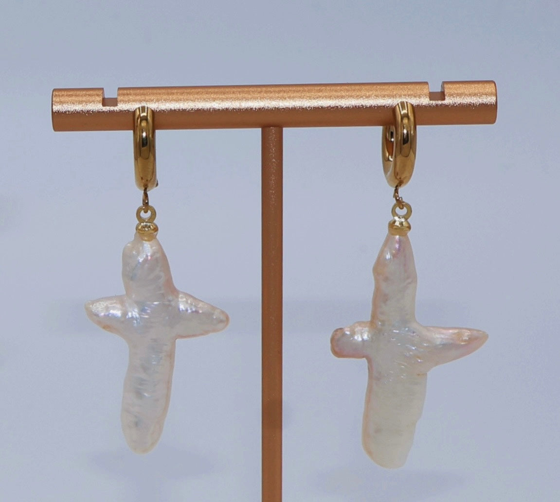 Sophia Baroque Cross Pearl Earrings Minimal